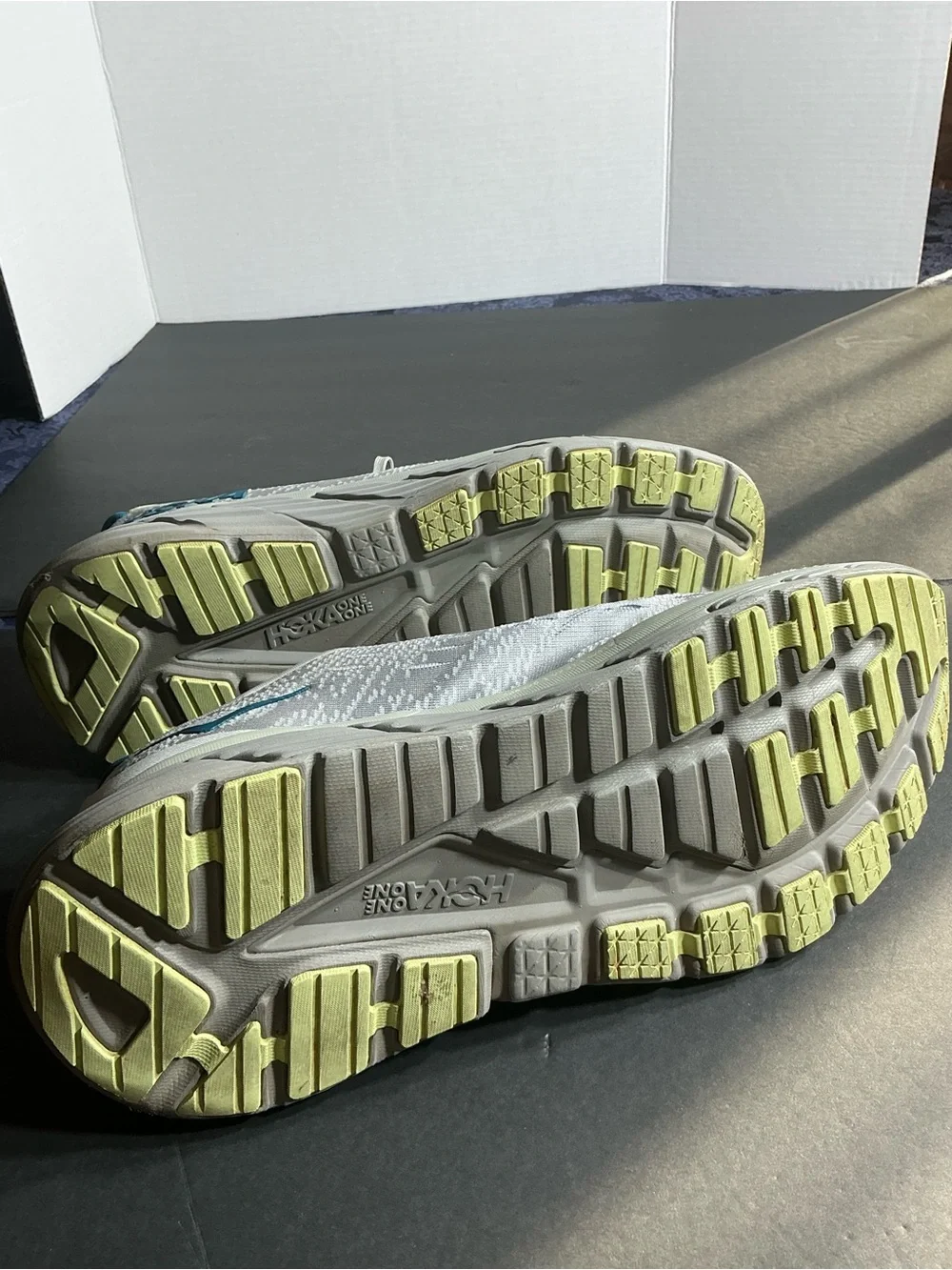 Hoka One One lite gray Running Shoes with Lime and Teal Accents